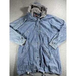 Andy Johns Vintage Denim Parka Jacket Hooded Blue Light Wash Striped Lining j65